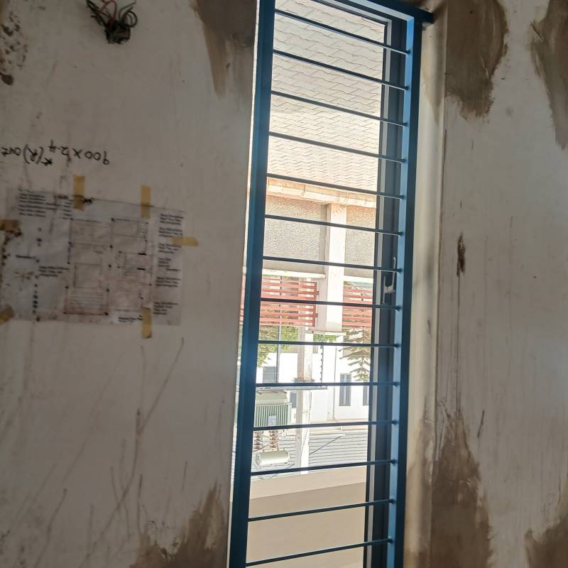 Blue Steel Security Window Grille with Horizontal Bars