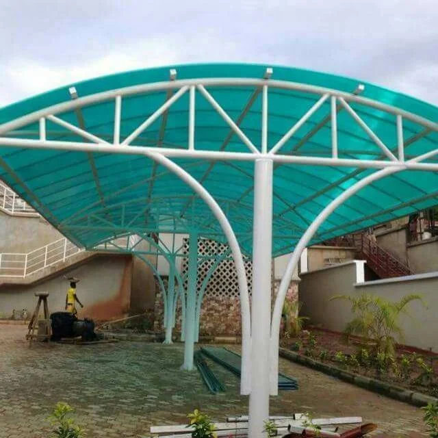Curved Turquoise Polycarbonate Car Park Canopy with White Steel Frame