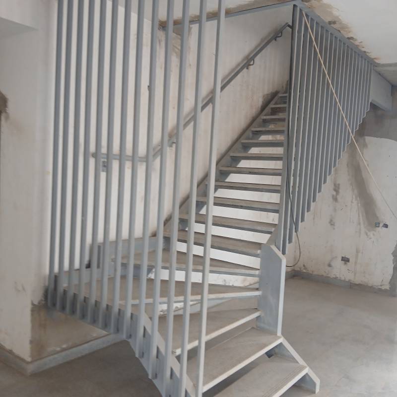 Grey Steel Staircase with Vertical Bar Balustrade