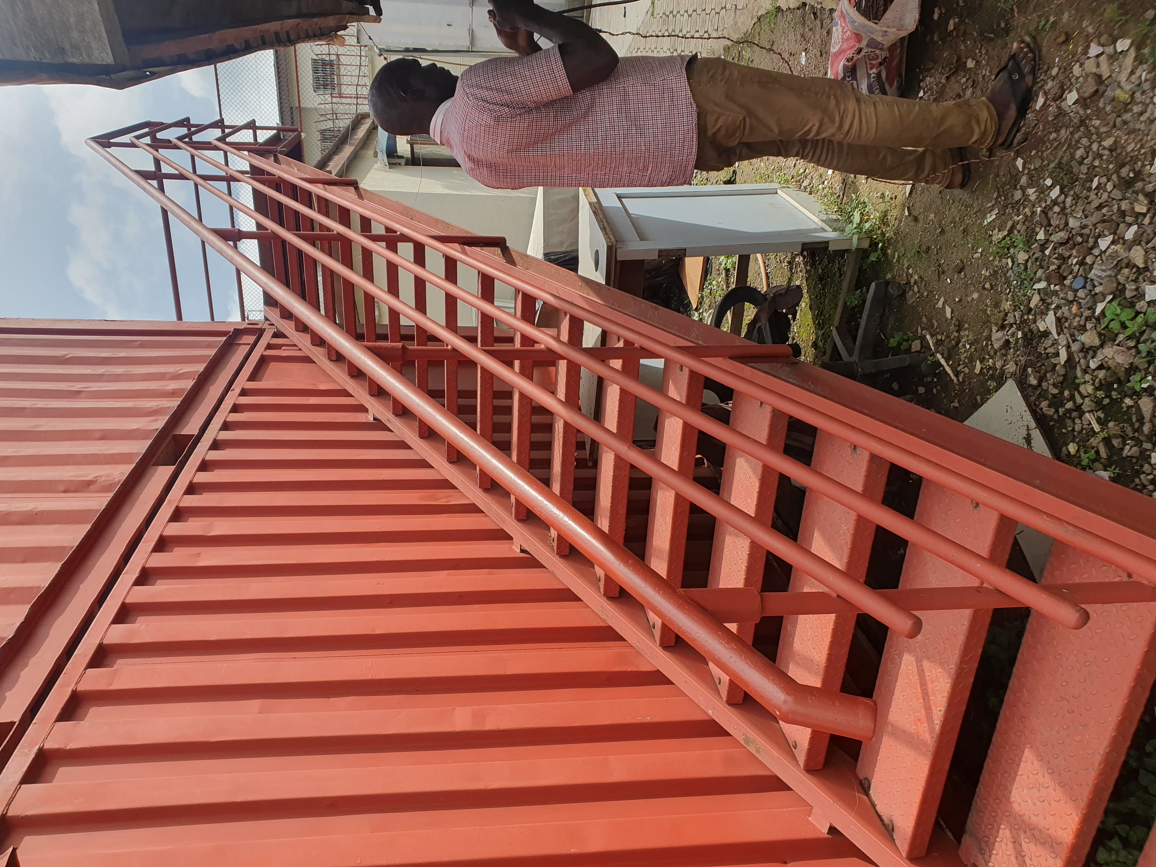 Heavy-Duty Red External Rooftop Access Staircase with Diamond-Plate Treads & Safety Railings