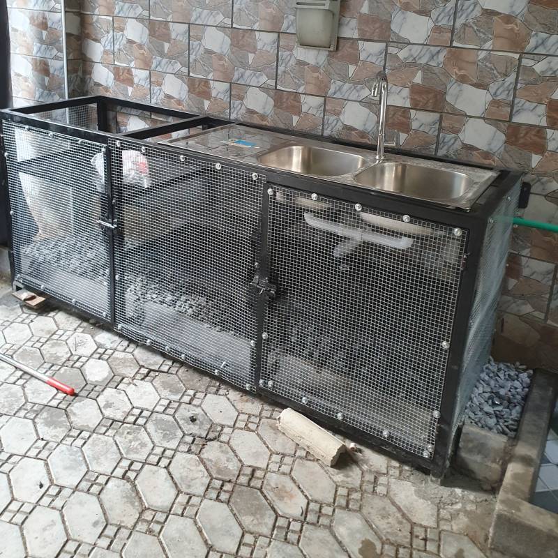 Heavy Duty Stainless Steel Double Bowl Sink with Mesh Storage Cabinets – Custom Welded Kitchen Unit