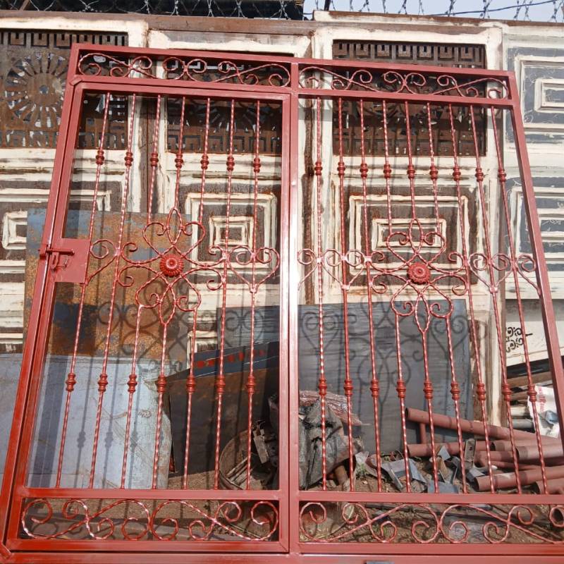 Ornate Red Double Leaf Pedestrian Gate with Floral Design