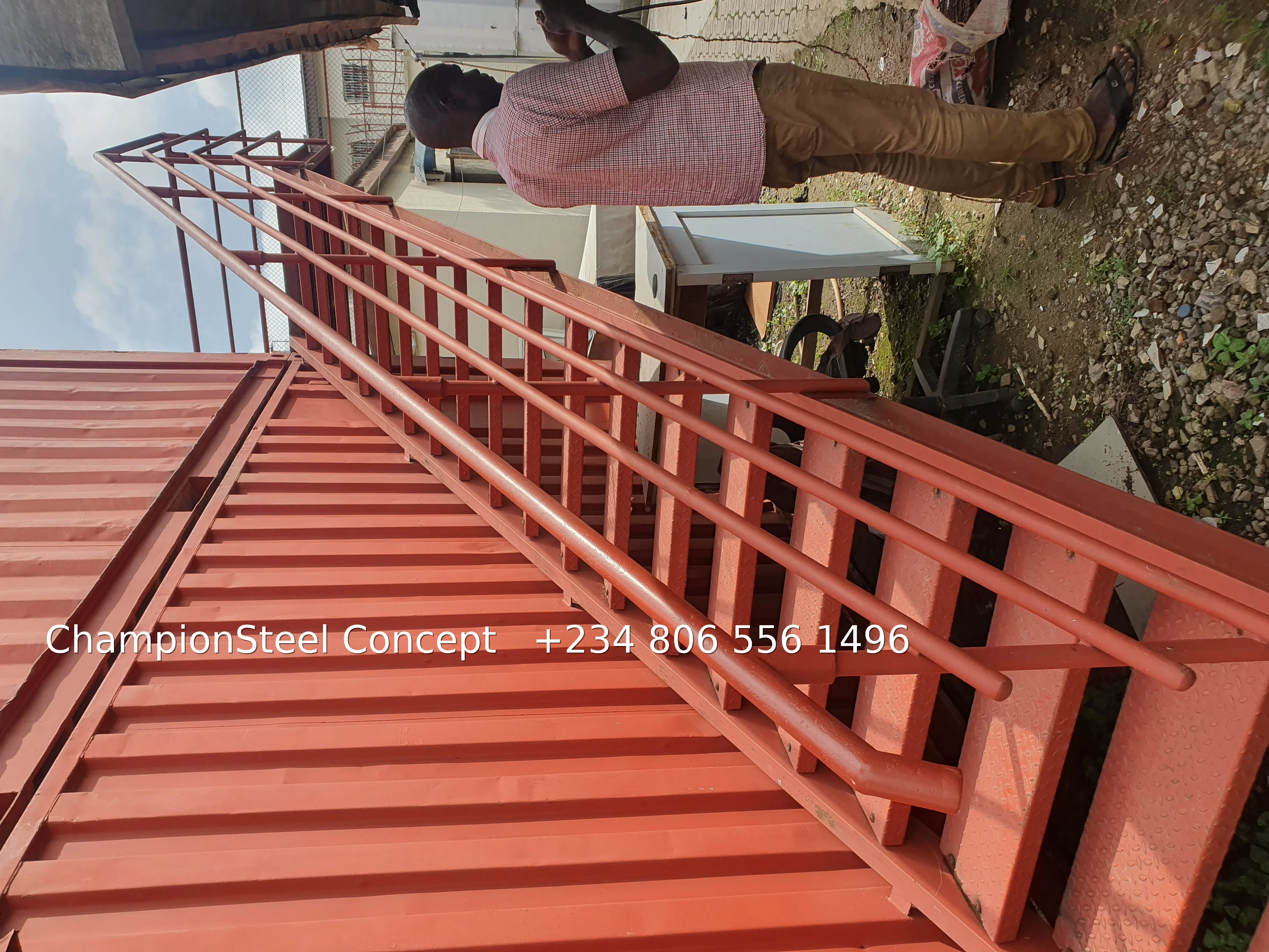 Heavy-Duty Red External Rooftop Access Staircase with Diamond-Plate Treads & Safety Railings