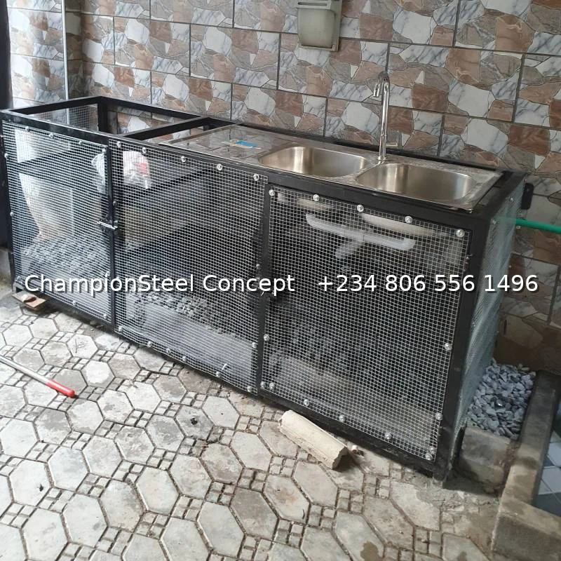 Heavy Duty Stainless Steel Double Bowl Sink with Mesh Storage Cabinets – Custom Welded Kitchen Unit