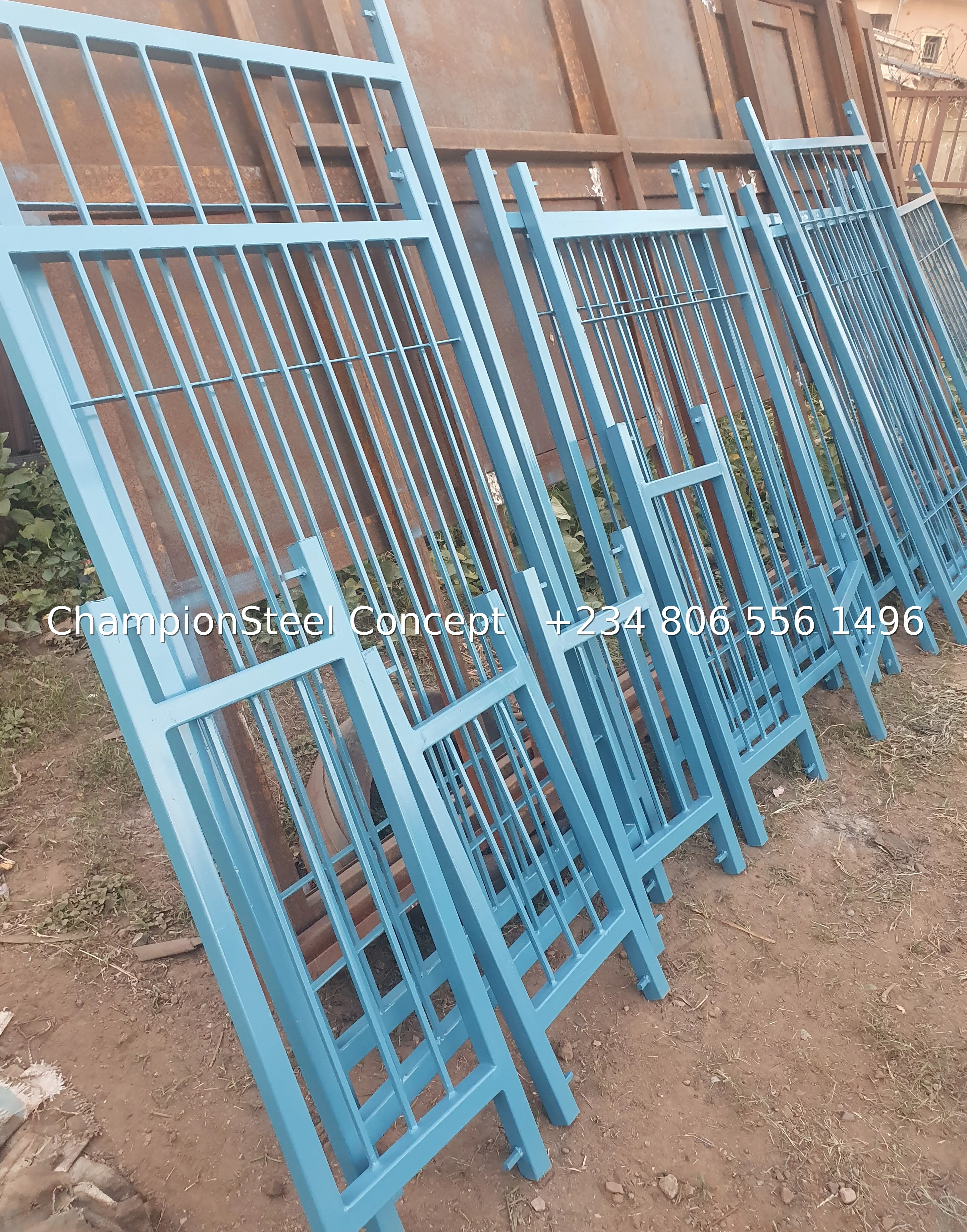 Light Blue Steel Security Gate Panels with Grid Design
